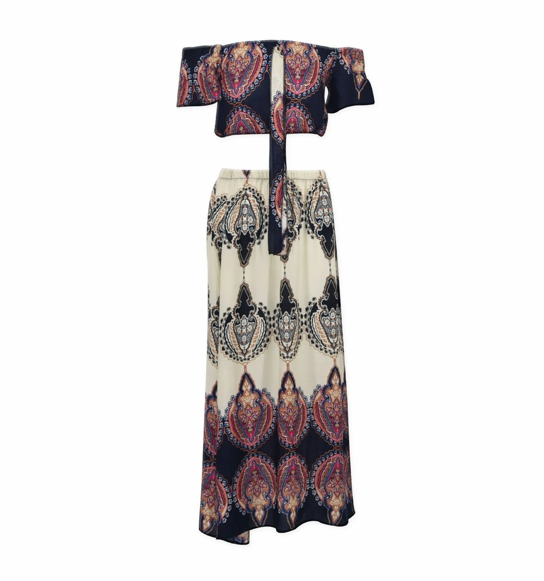 Clearance Retro Print Off Shoulder Short Sleeves Crop Top with Long Skirt Two Pieces Dress Set