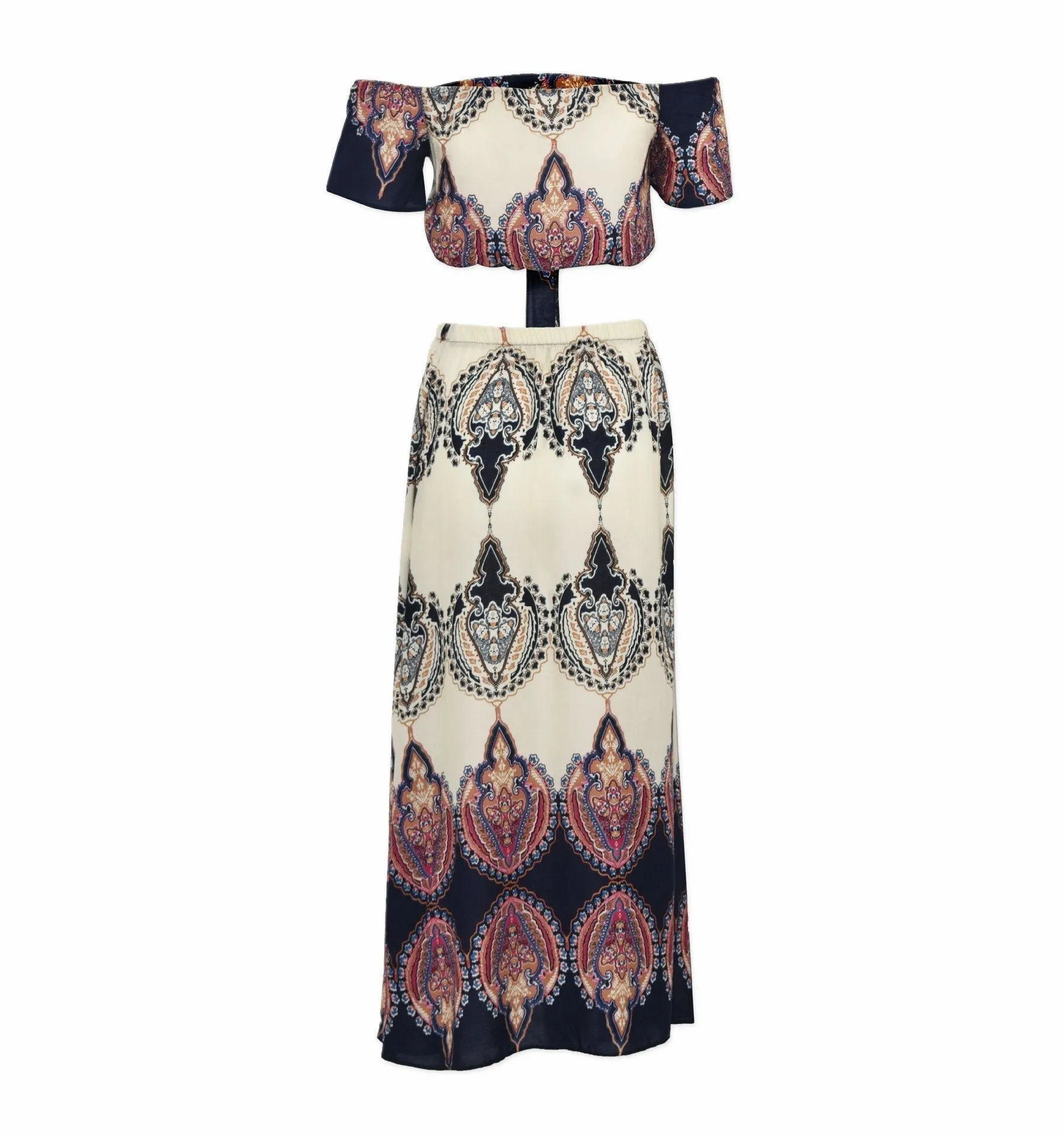 Clearance Retro Print Off Shoulder Short Sleeves Crop Top with Long Skirt Two Pieces Dress Set
