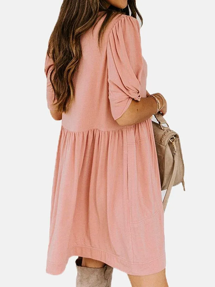 deanwangkt Women Pleats Solid Color Twist Sleeve Casual Dress