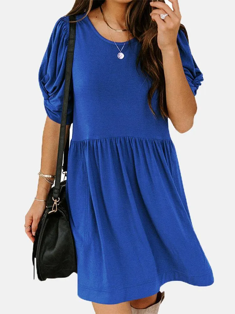 deanwangkt Women Pleats Solid Color Twist Sleeve Casual Dress