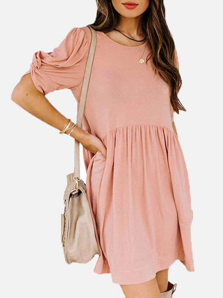 deanwangkt Women Pleats Solid Color Twist Sleeve Casual Dress