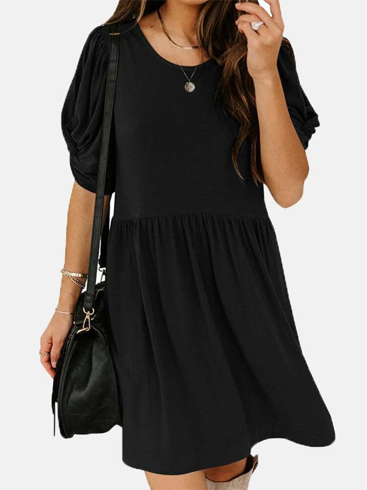 deanwangkt Women Pleats Solid Color Twist Sleeve Casual Dress