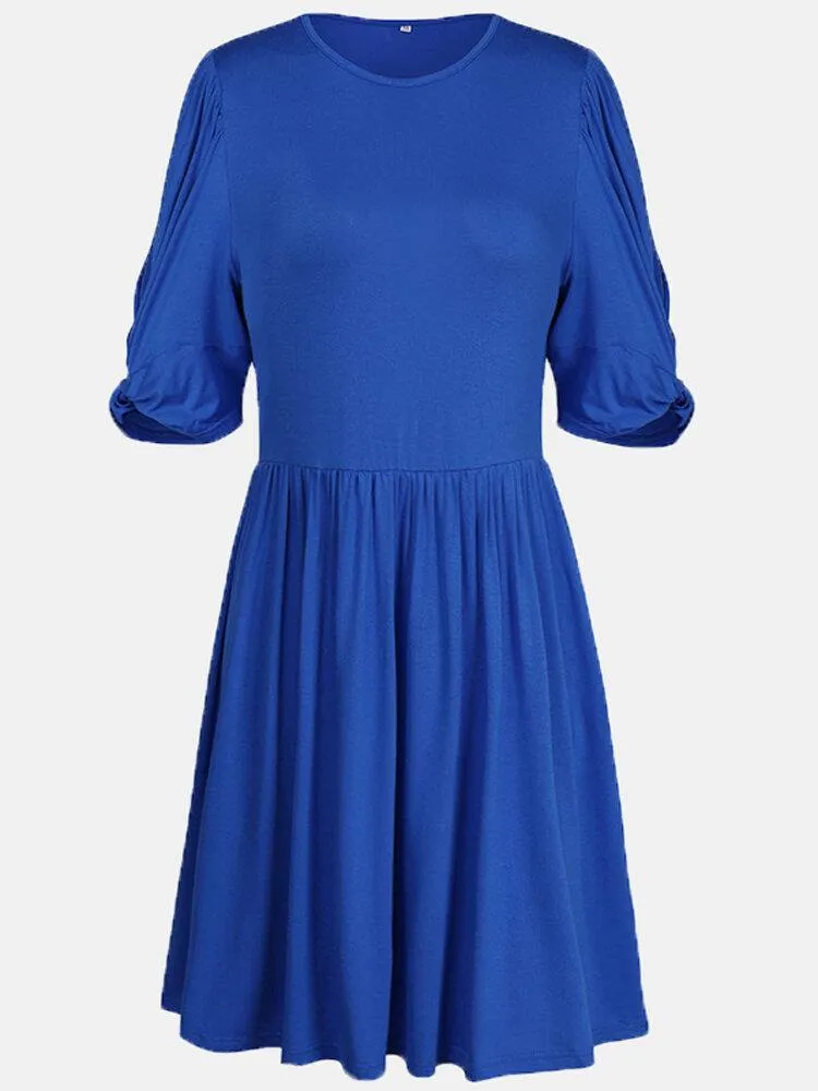 deanwangkt Women Pleats Solid Color Twist Sleeve Casual Dress