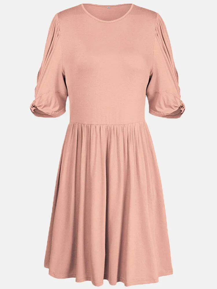 deanwangkt Women Pleats Solid Color Twist Sleeve Casual Dress