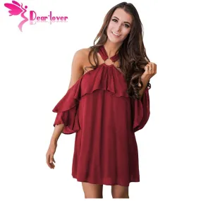 Dear-Lover Elegant Dresses 2017 Off Shoulder Summer Vestidos Burgundy Adorable Sexy O Ring Detail Boho Ruffle A-line Dress 22967