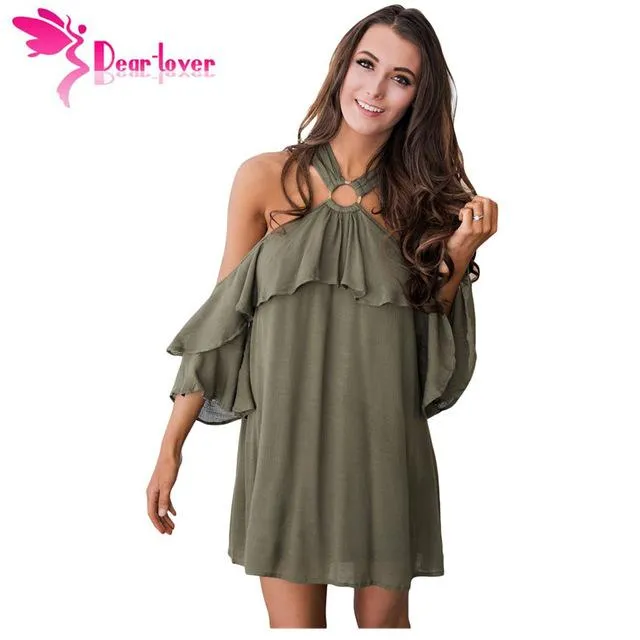Dear-Lover Elegant Dresses 2017 Off Shoulder Summer Vestidos Burgundy Adorable Sexy O Ring Detail Boho Ruffle A-line Dress 22967