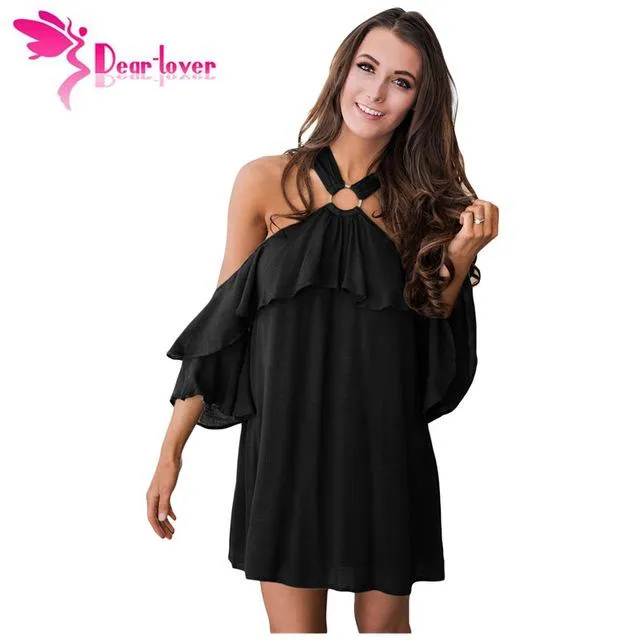 Dear-Lover Elegant Dresses 2017 Off Shoulder Summer Vestidos Burgundy Adorable Sexy O Ring Detail Boho Ruffle A-line Dress 22967