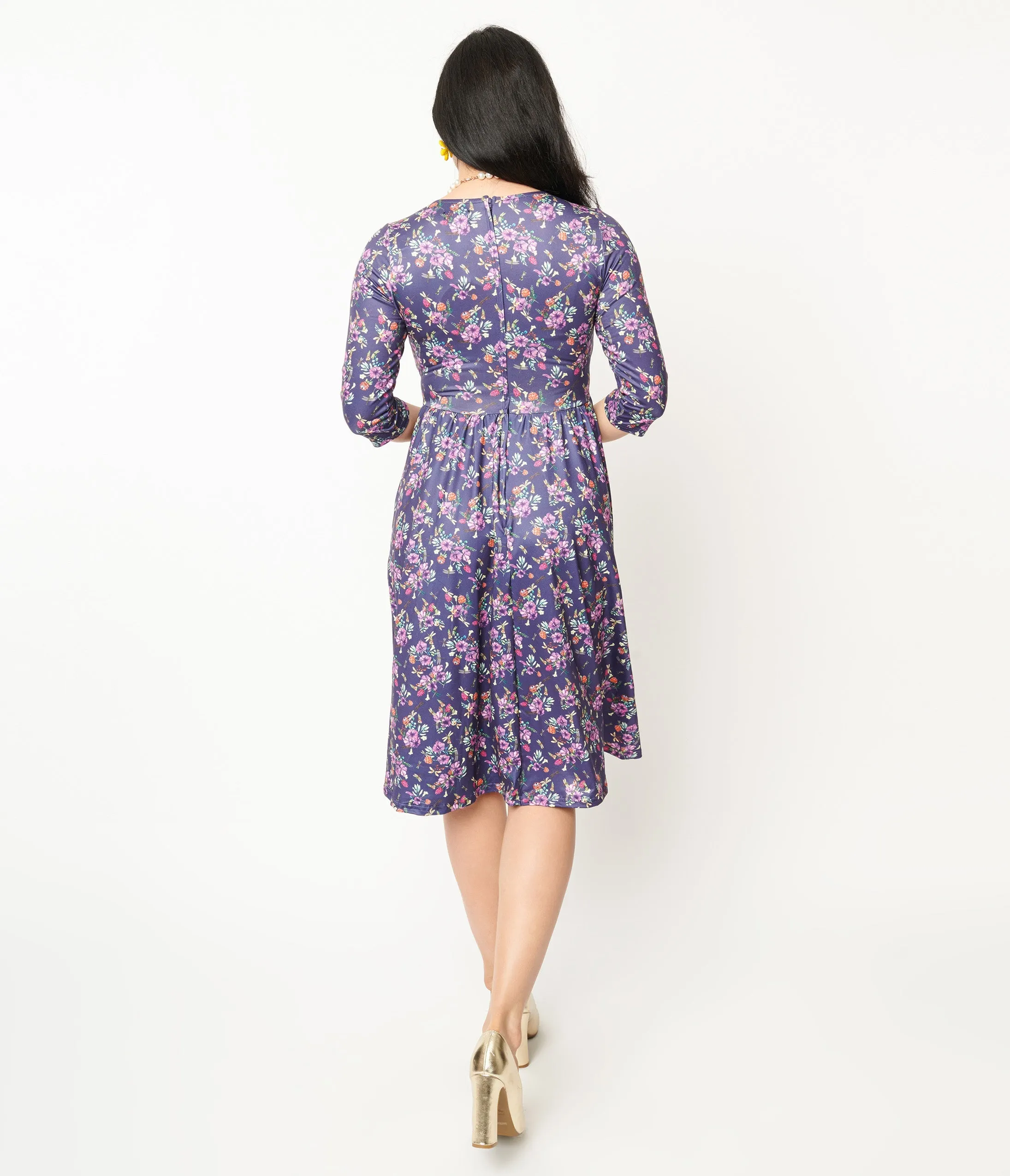 Dolly & Dotty Purple Dragonfly Floral Print Billie Fit & Flare Dress