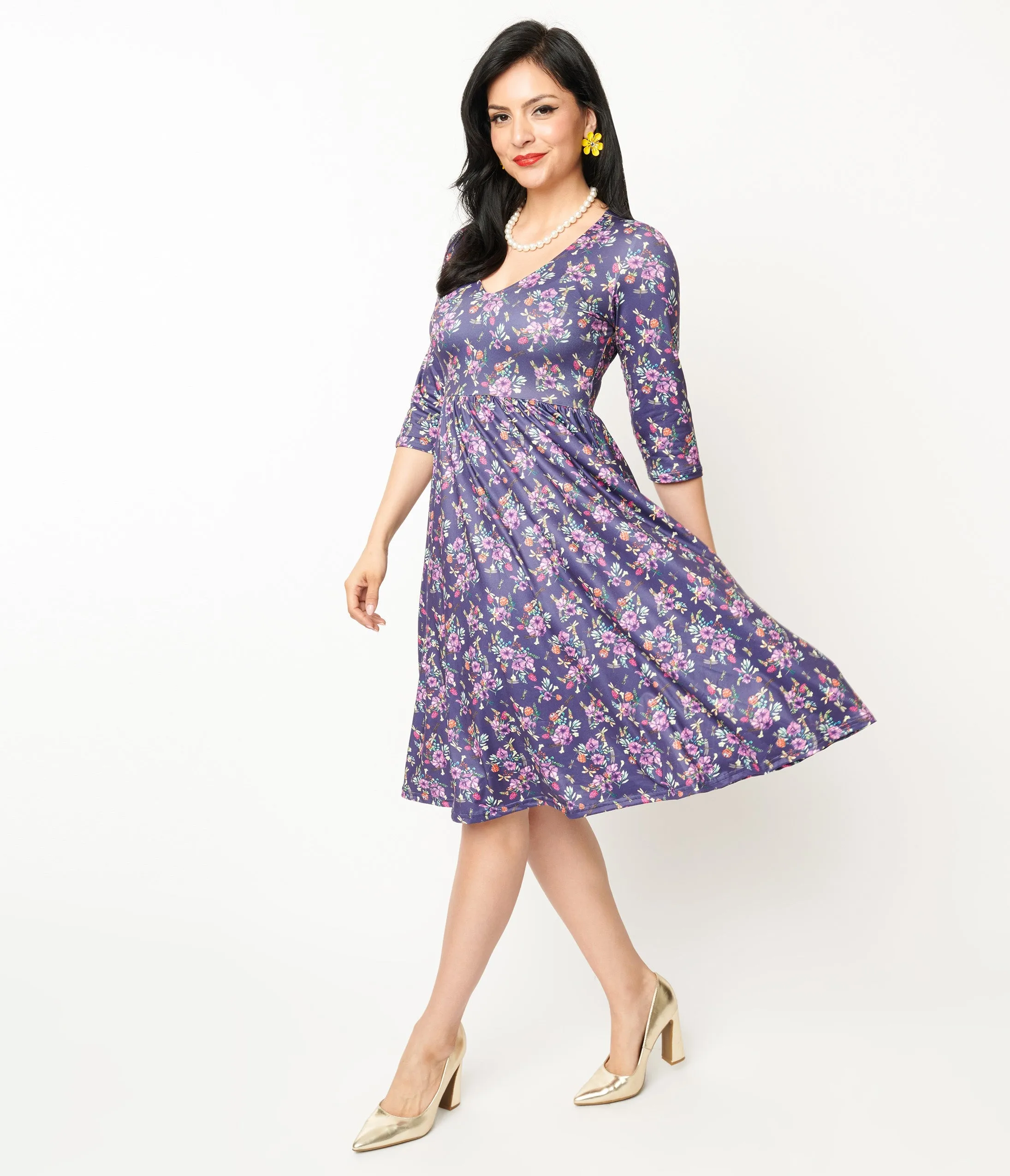 Dolly & Dotty Purple Dragonfly Floral Print Billie Fit & Flare Dress