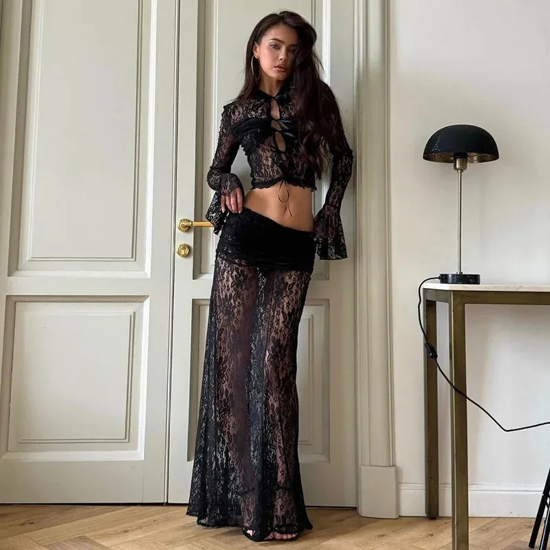 Elegant Sheer Lace Two Piece Set - Lace-up Long Sleeve Top and High Waist Slim Skirt - Party Lace Dress