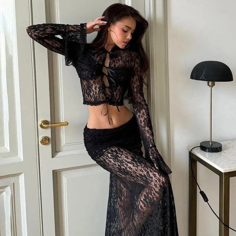 Elegant Sheer Lace Two Piece Set - Lace-up Long Sleeve Top and High Waist Slim Skirt - Party Lace Dress