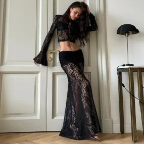 Elegant Sheer Lace Two Piece Set - Lace-up Long Sleeve Top and High Waist Slim Skirt - Party Lace Dress