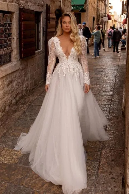 Elegant vneck longsleeves aline lace Wedding dresses