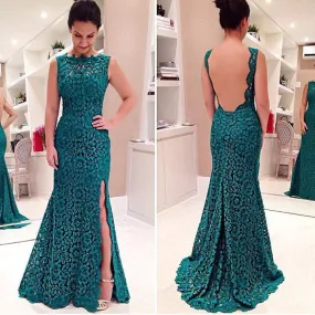 Elegant Women's Green Backless Lace Party Cocktail Long Dress