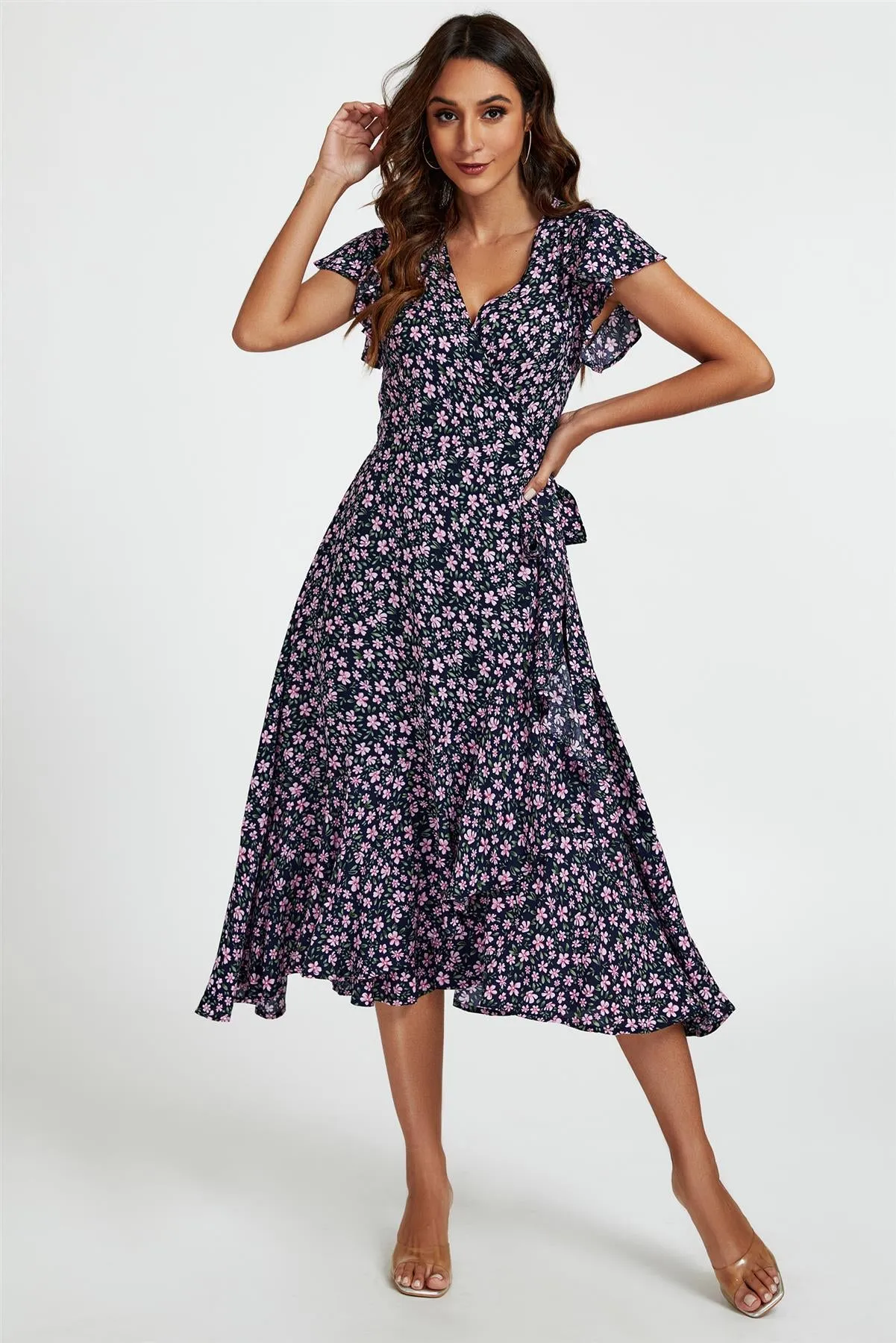 Floral Frill Sleeve Midi Wrap Dress In Navy