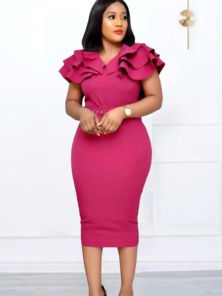 Flutter Sleeve Ruffle Split Bodycon Midi Dresses