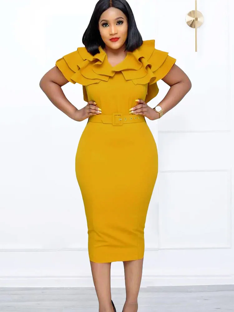 Flutter Sleeve Ruffle Split Bodycon Midi Dresses