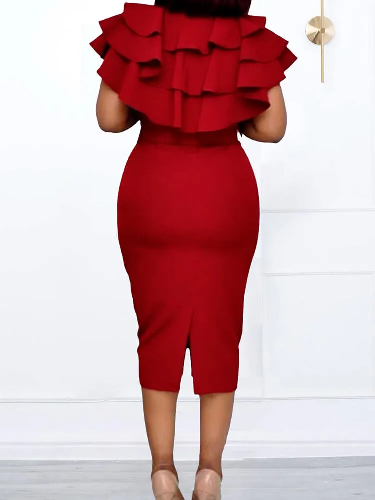 Flutter Sleeve Ruffle Split Bodycon Midi Dresses