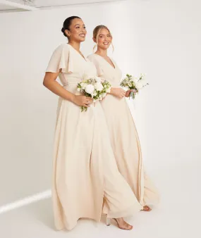 Flutter Sleeve Wrap Tie Chiffon Bridesmaid Dress - Butter Cream