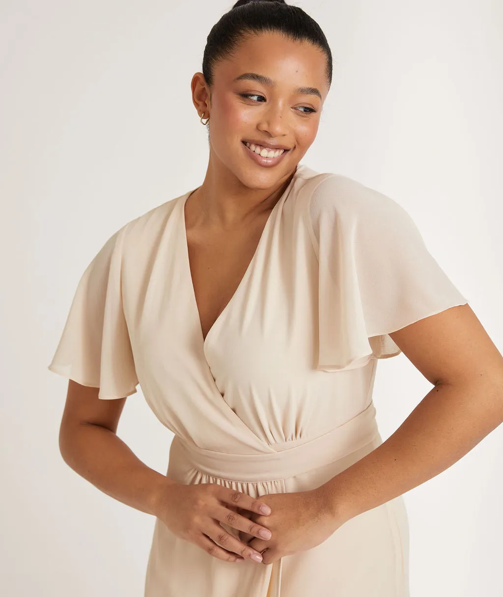 Flutter Sleeve Wrap Tie Chiffon Bridesmaid Dress - Butter Cream