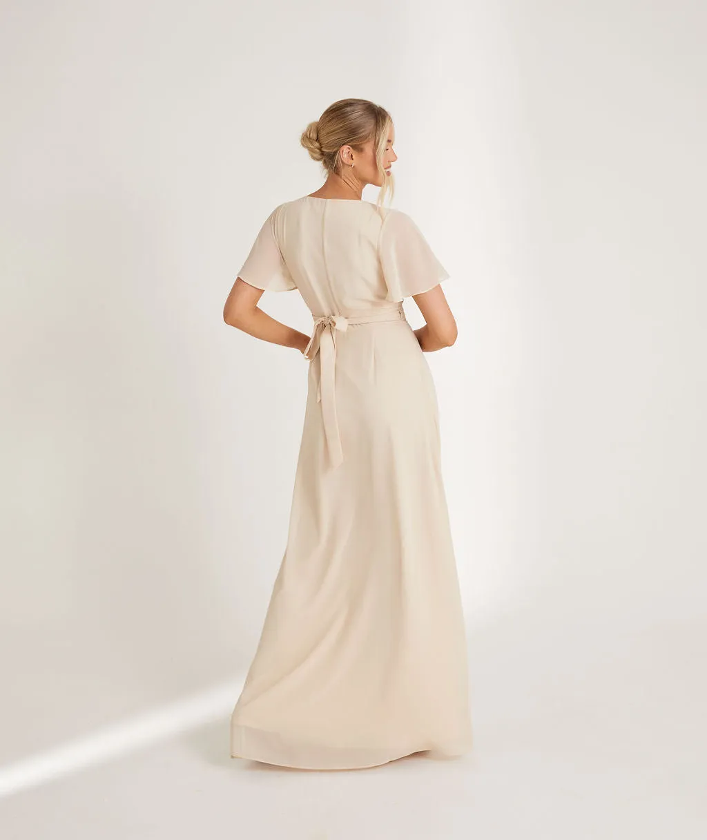 Flutter Sleeve Wrap Tie Chiffon Bridesmaid Dress - Butter Cream