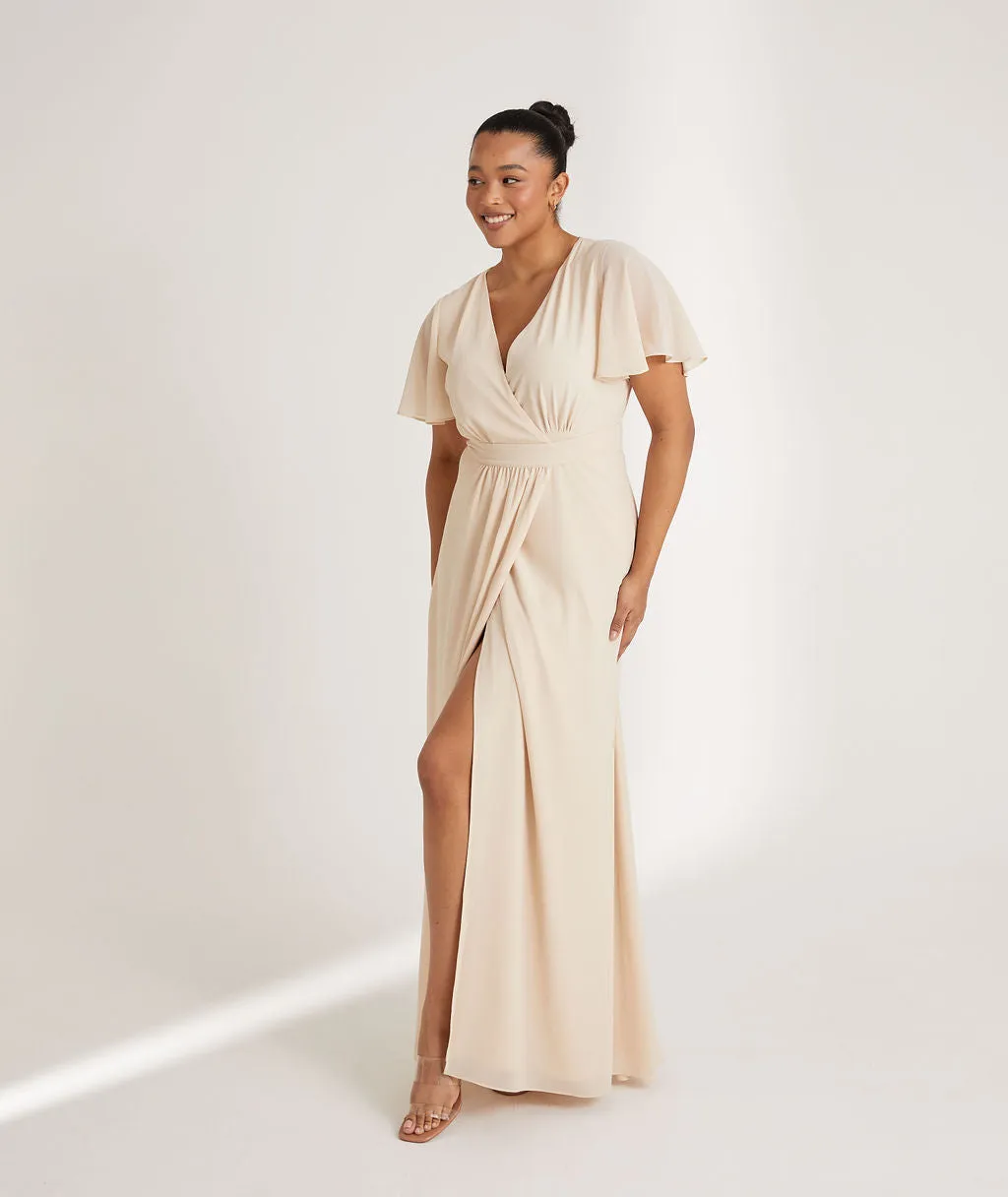 Flutter Sleeve Wrap Tie Chiffon Bridesmaid Dress - Butter Cream