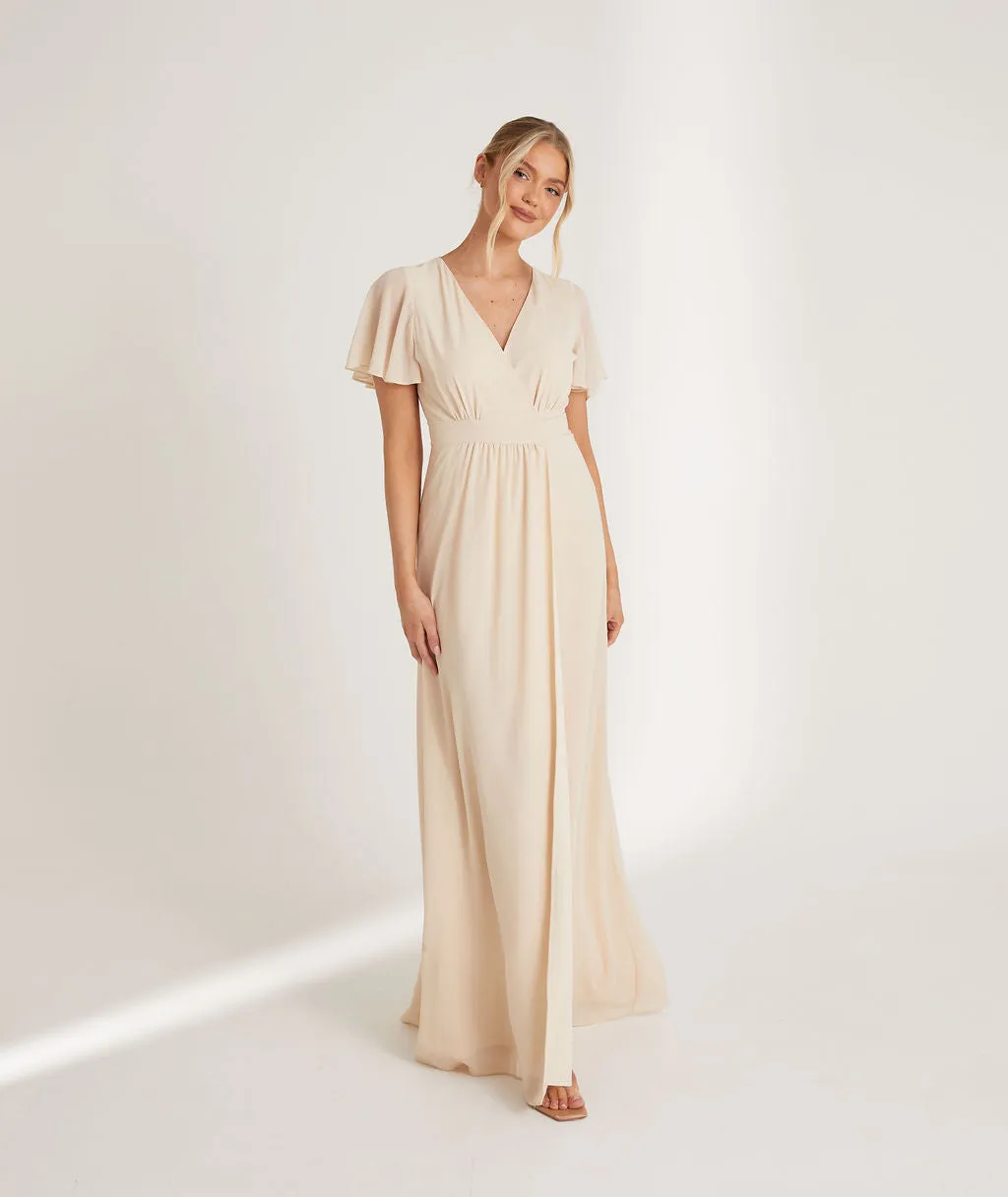 Flutter Sleeve Wrap Tie Chiffon Bridesmaid Dress - Butter Cream