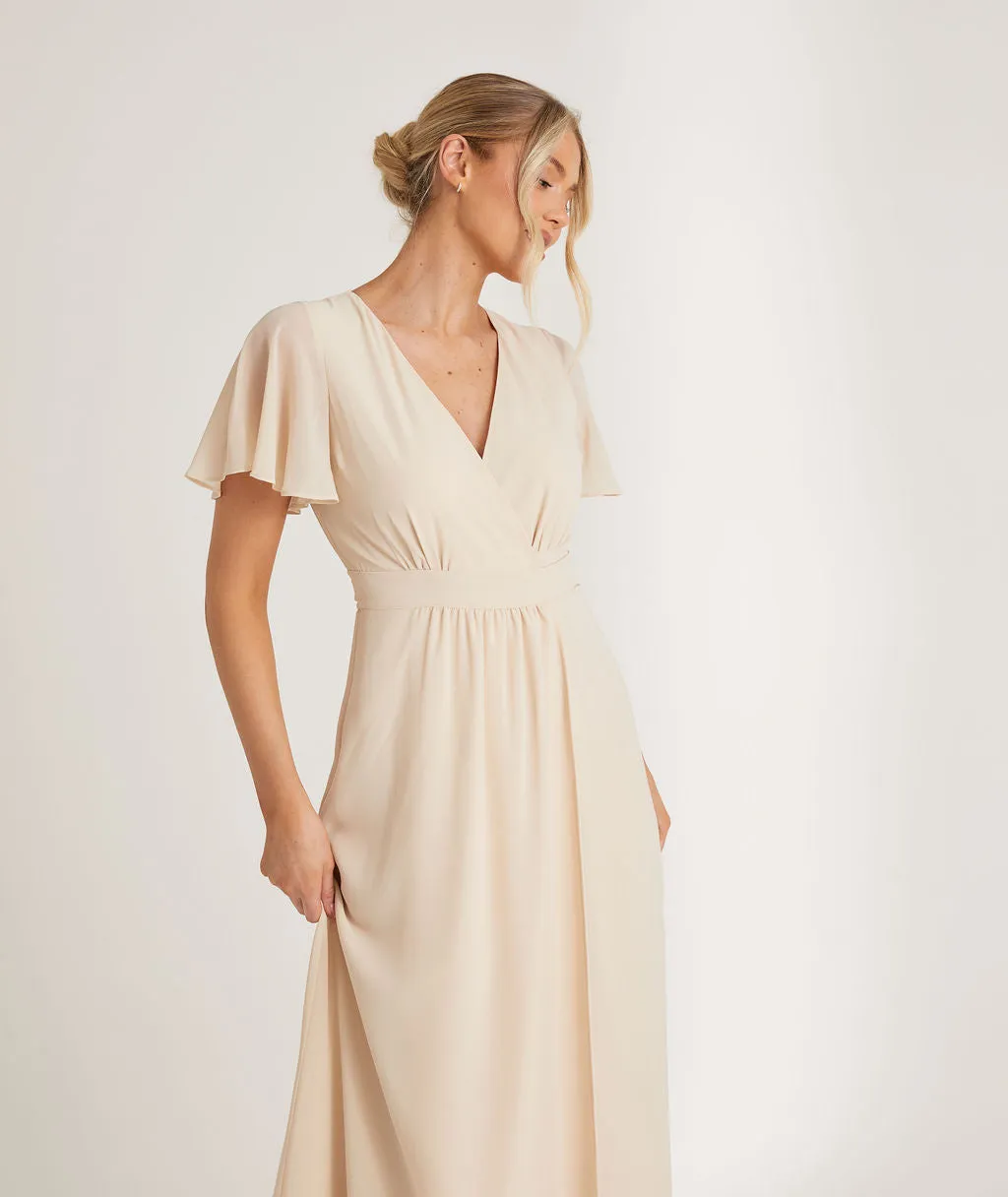 Flutter Sleeve Wrap Tie Chiffon Bridesmaid Dress - Butter Cream