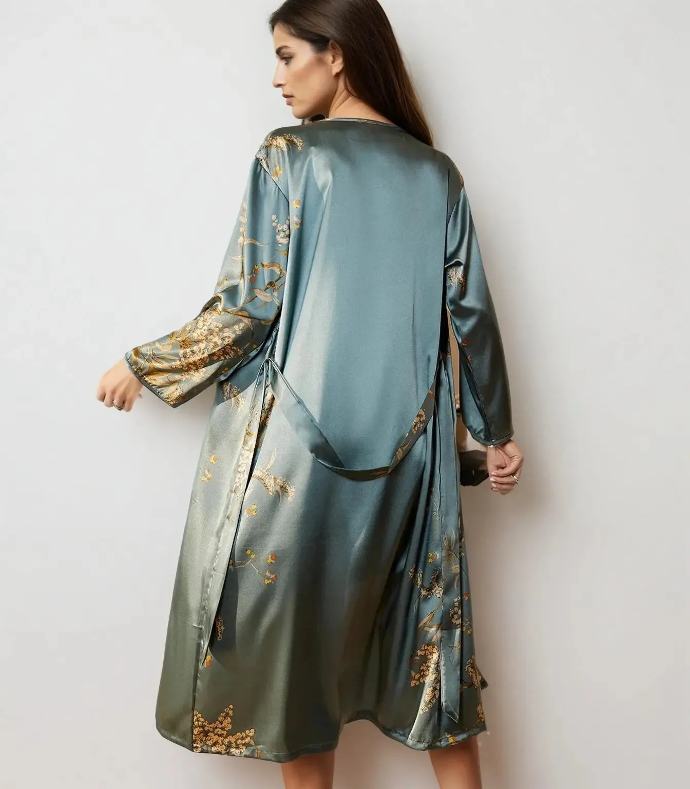 Four Seasons Belted Satin Kimono Robe Set