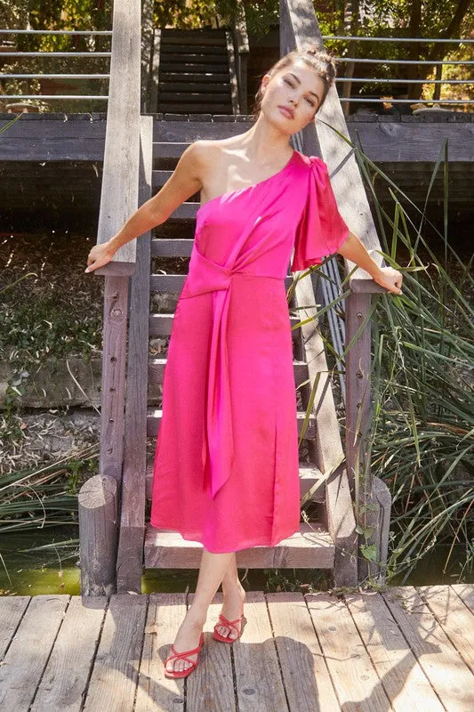 Fuchsia Chateau Satin One Shoulder Twist Front Midi Dress