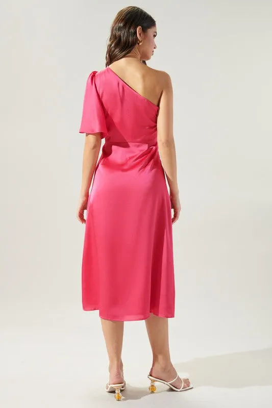 Fuchsia Chateau Satin One Shoulder Twist Front Midi Dress