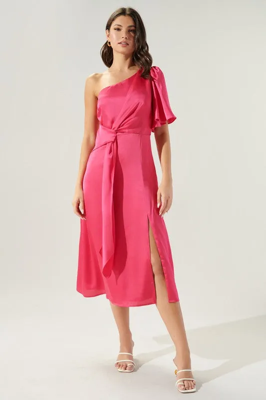 Fuchsia Chateau Satin One Shoulder Twist Front Midi Dress