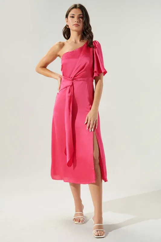 Fuchsia Chateau Satin One Shoulder Twist Front Midi Dress