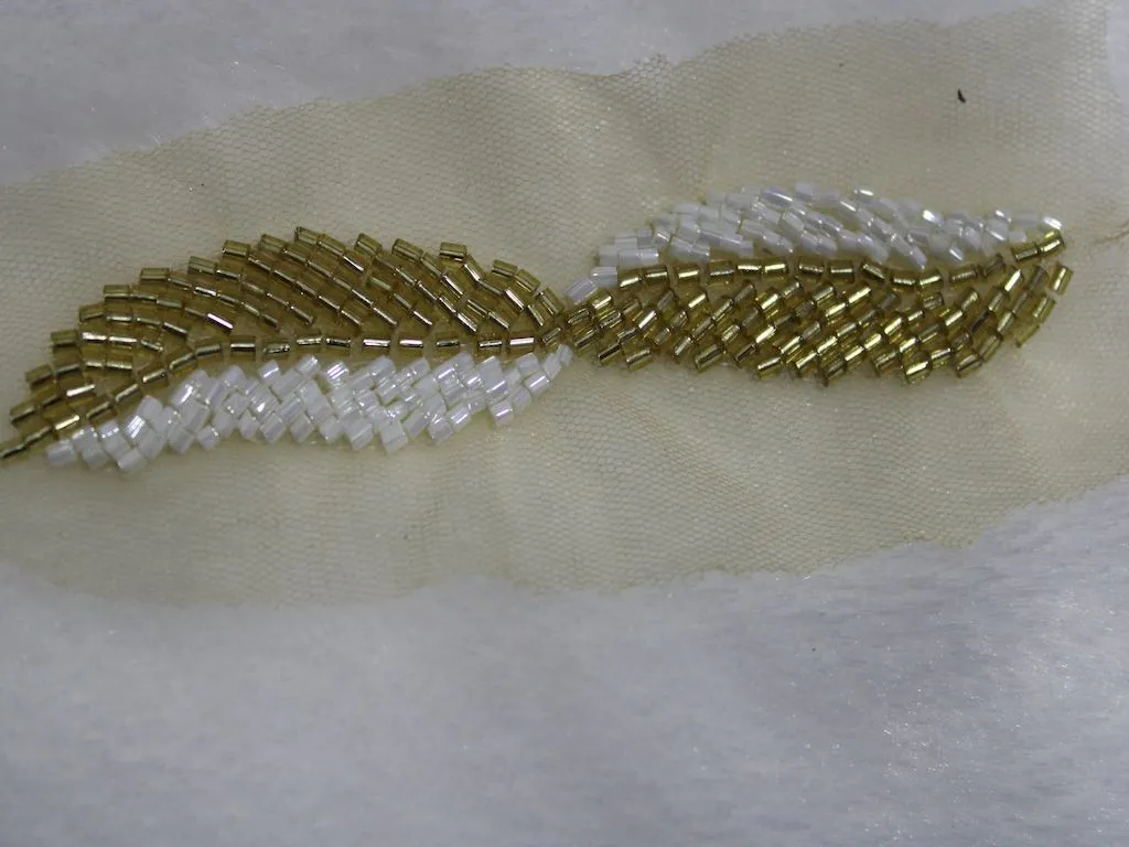 Golden White Leaf Cutdana Beads Work Embroidered Border