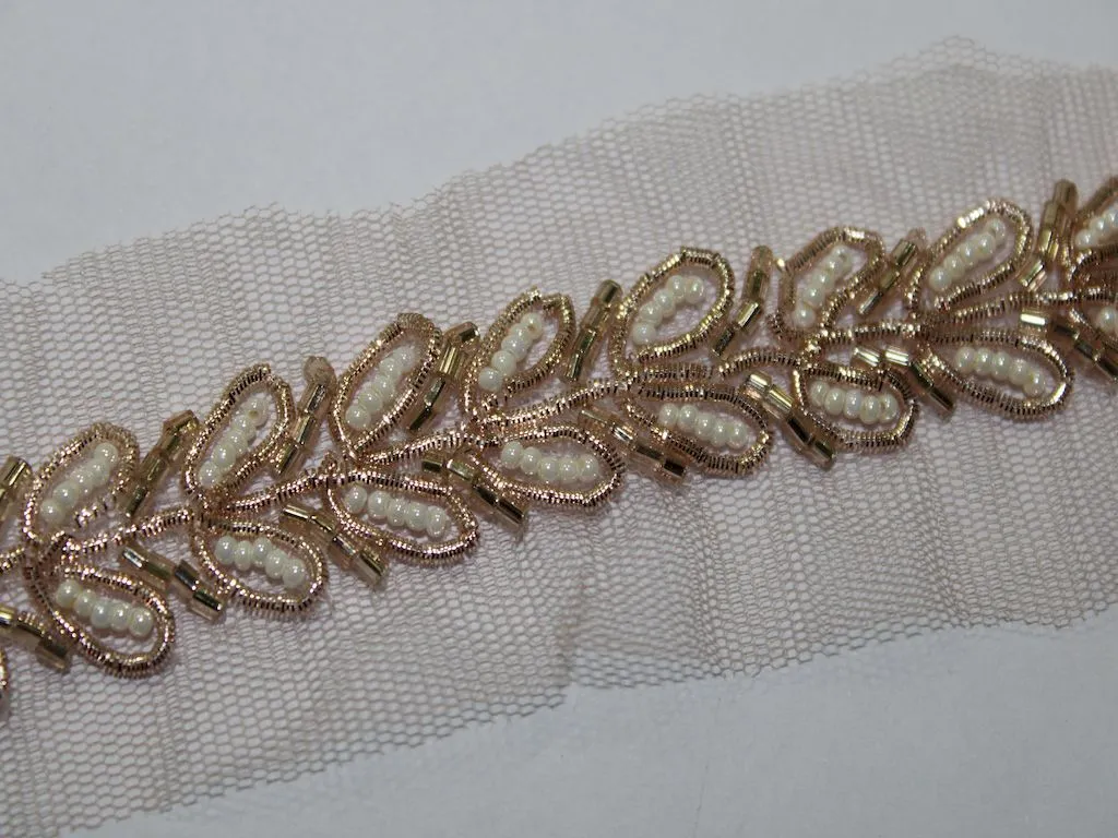 Golden White Sequins and Pearl Work Embroidered Border