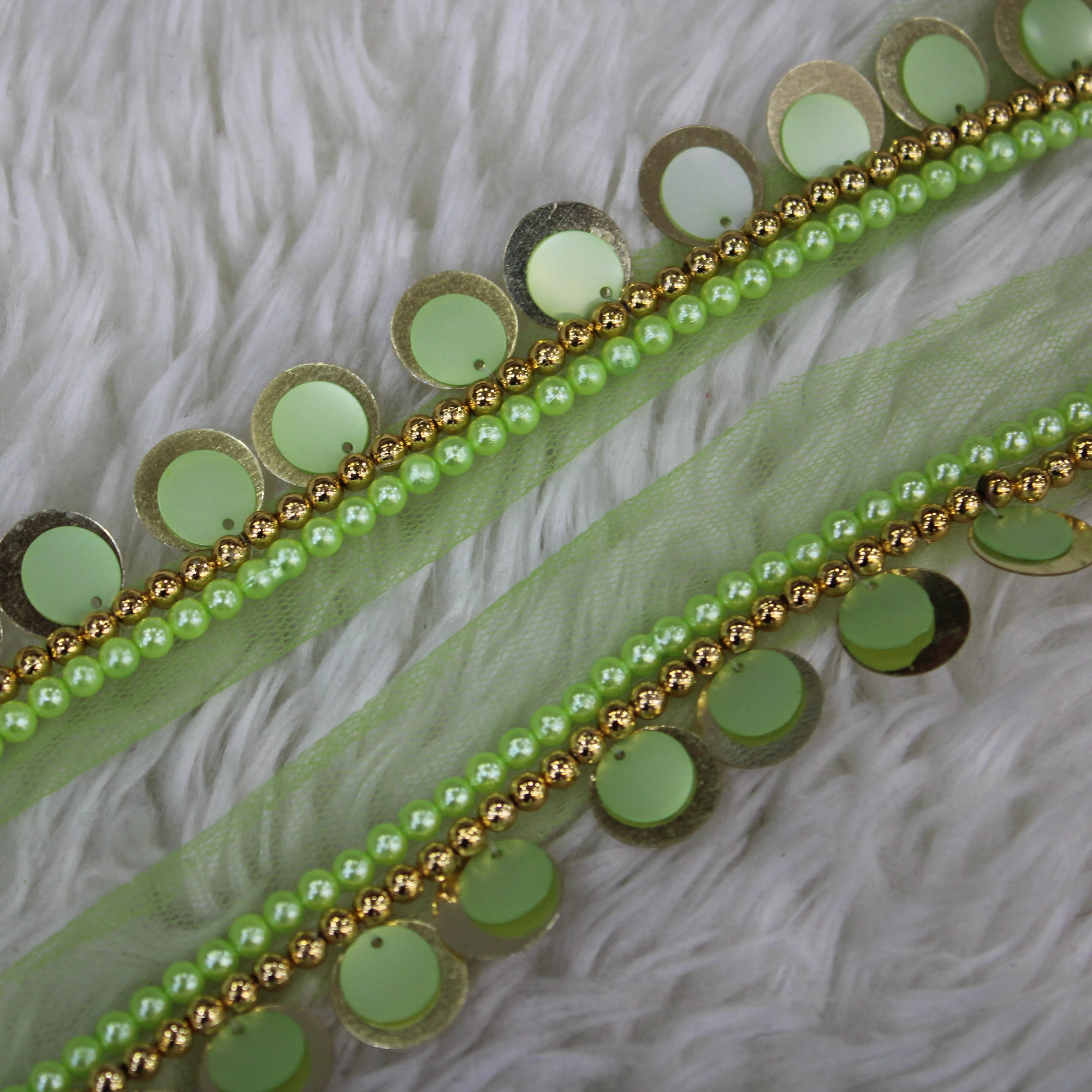 Green Sequins Pearl Work Embroidered Border