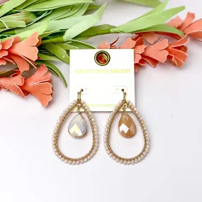Ivory Stone Inside Open Beaded Teardrop Earrings with Gold Tone Outline