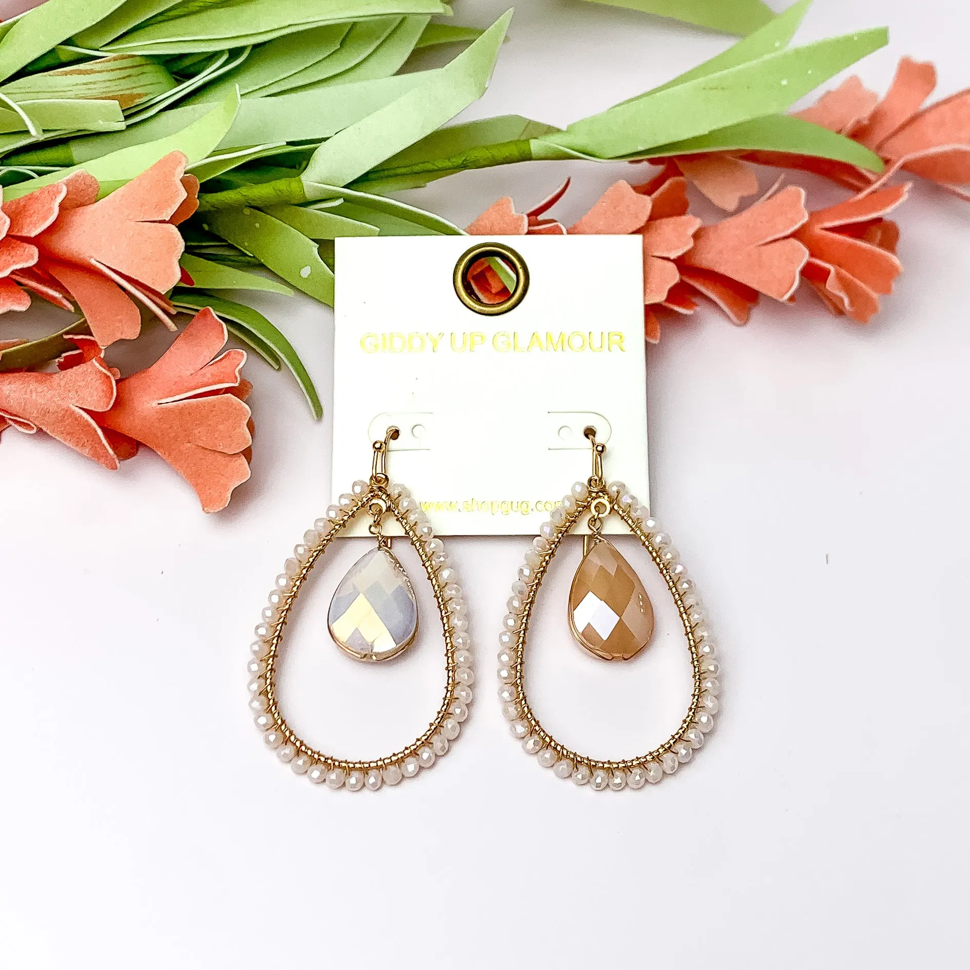 Ivory Stone Inside Open Beaded Teardrop Earrings with Gold Tone Outline