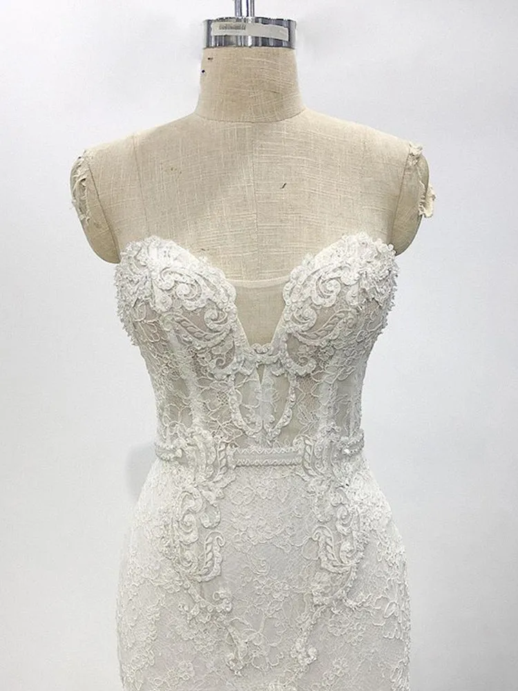 Ivory Strapless Lace Sleeveless Wedding Dress