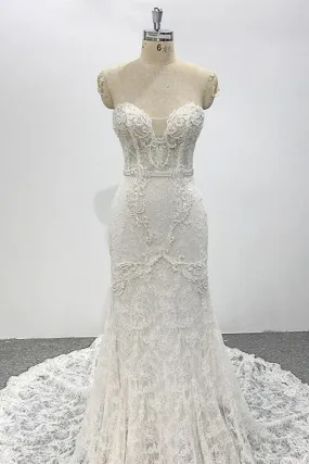 Ivory Strapless Lace Sleeveless Wedding Dress