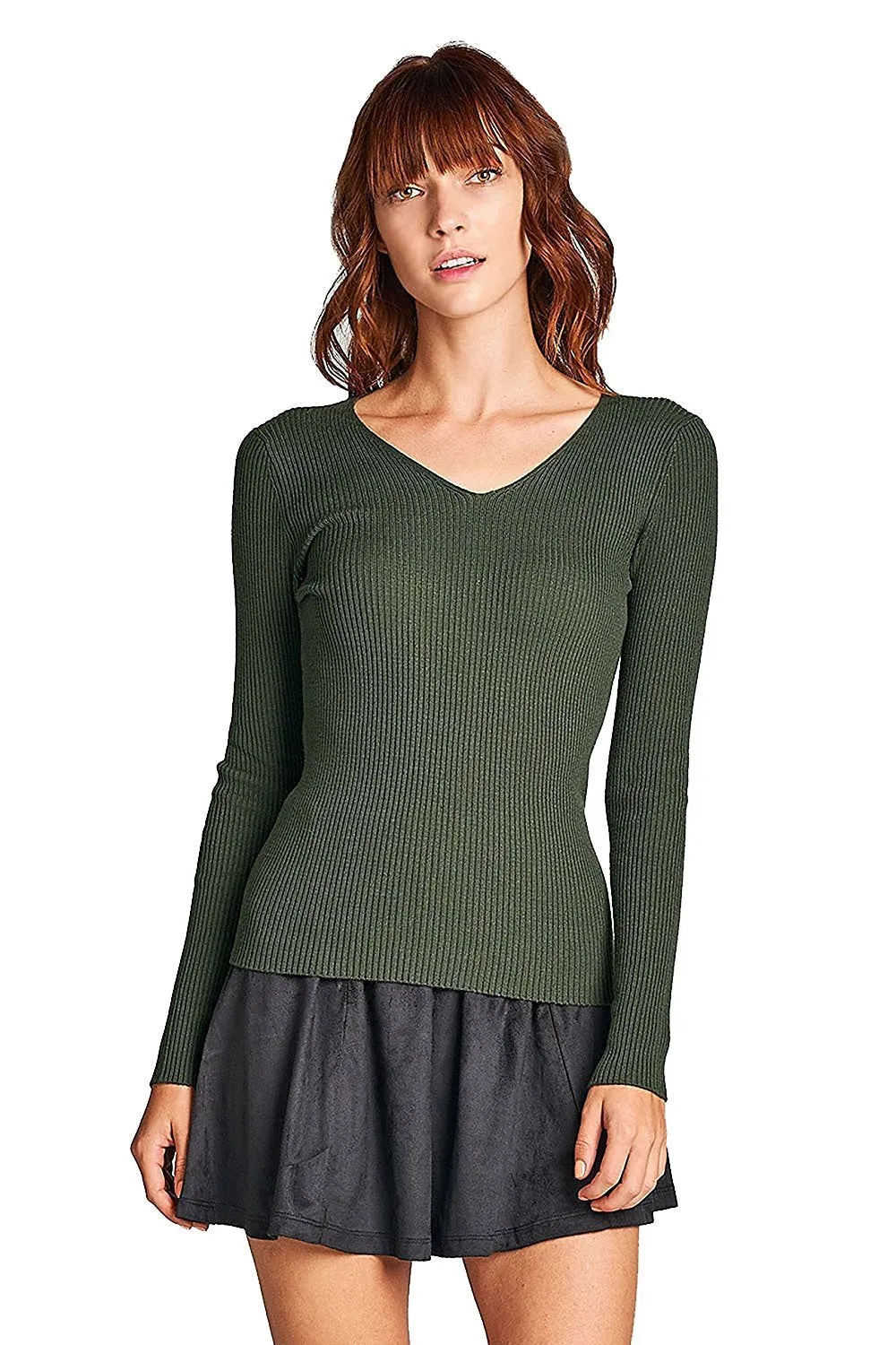 Khanomak Plain Solid Stretch Fitted Long Sleeve V Neck Ribbed Knit Lightweight Sweater Top