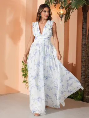Lavender Floral Plunging V-neck Ruffles Pleated Dress With Silt