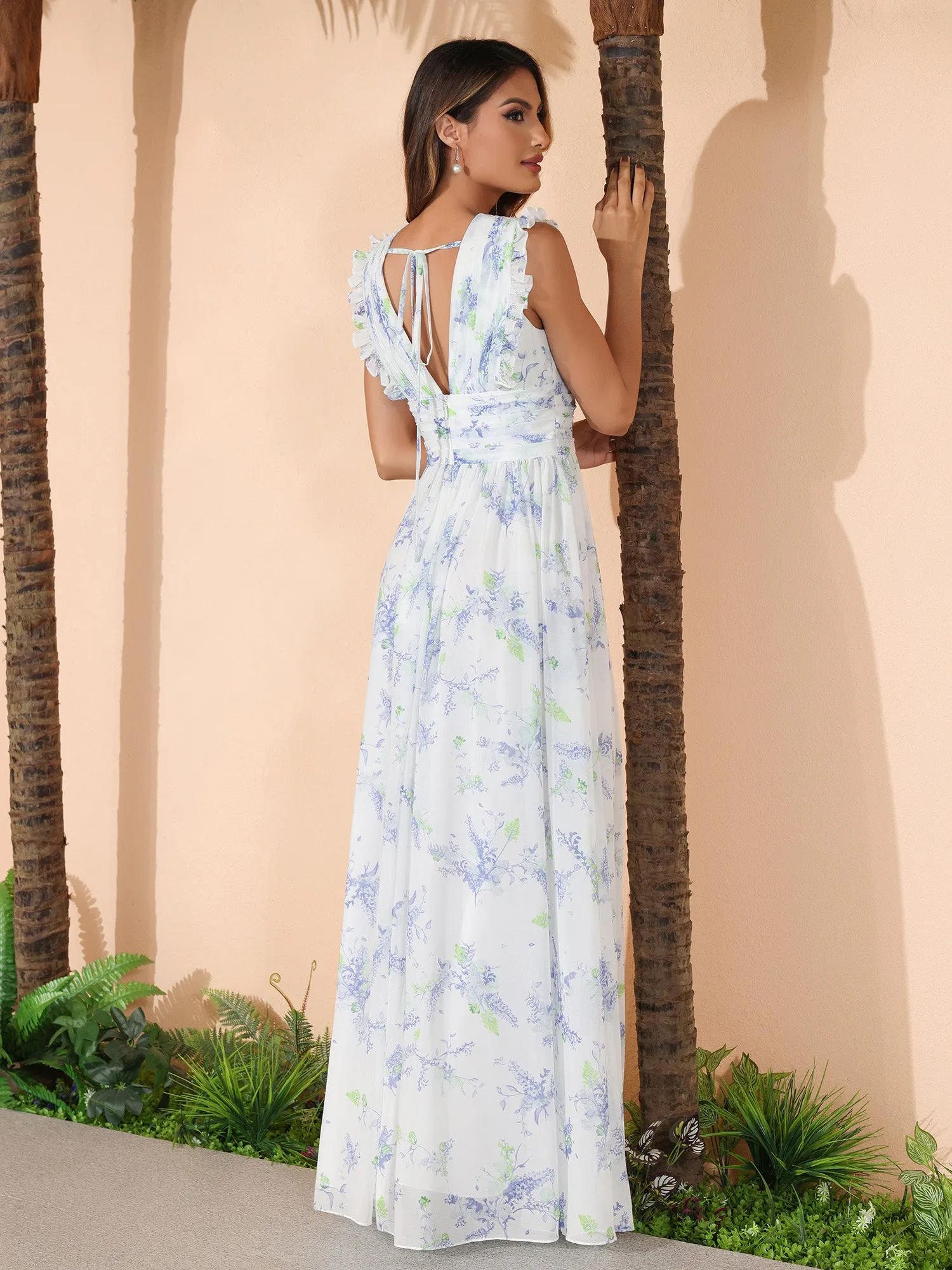 Lavender Floral Plunging V-neck Ruffles Pleated Dress With Silt