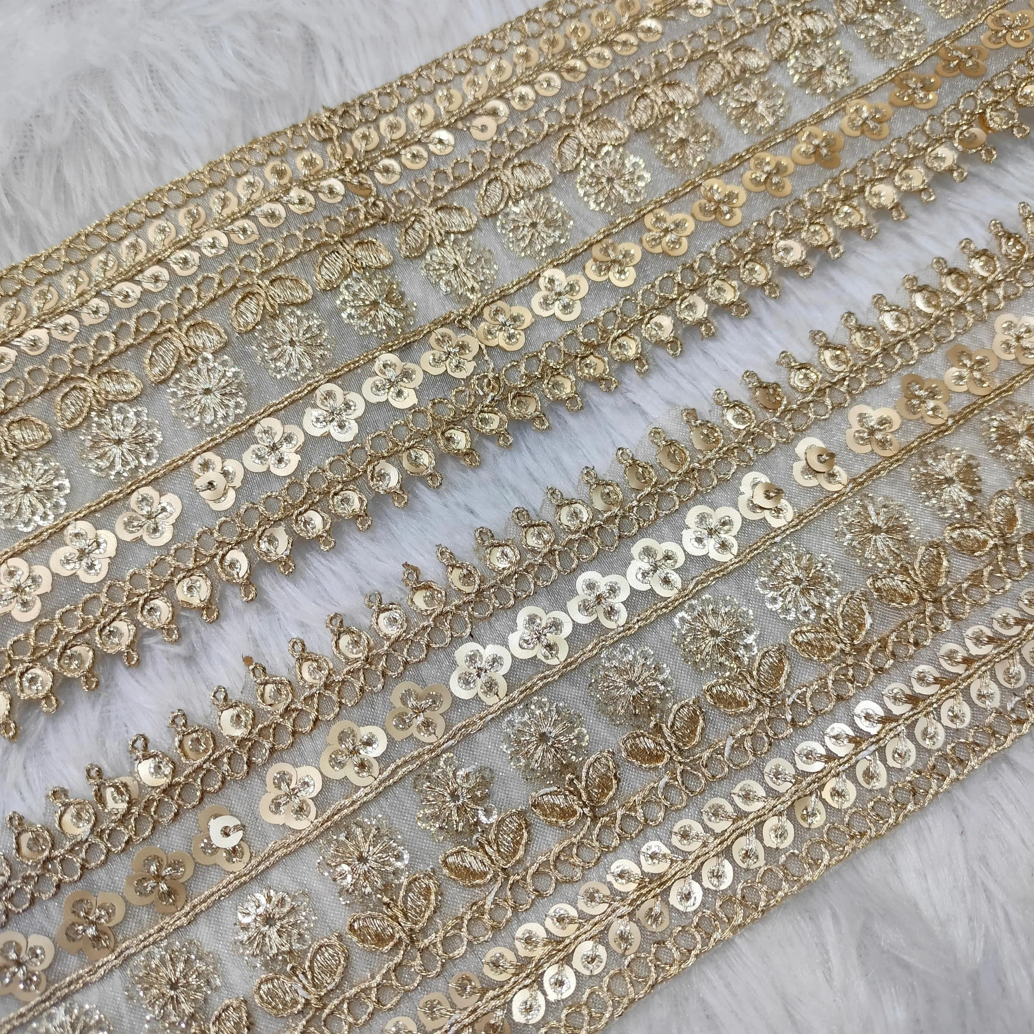 Light Gold Flower Work Fancy Sequins Work Trim