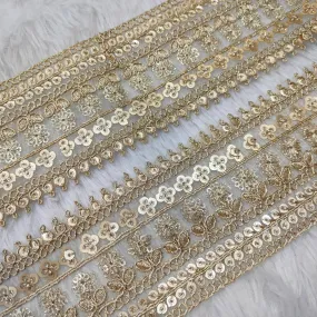 Light Gold Flower Work Fancy Sequins Work Trim