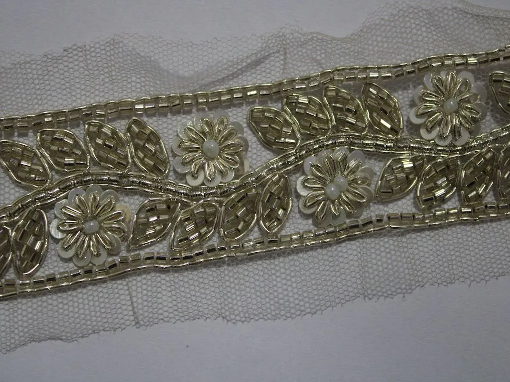 Light Golden Sequins and Cutdana Beads Handwork Embellished Embroidered Border