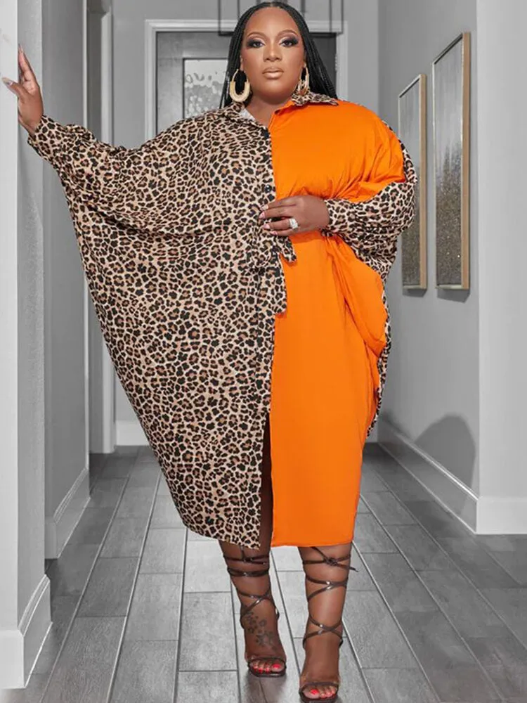Long Sleeve Leopard Patchwork Midi Dresses