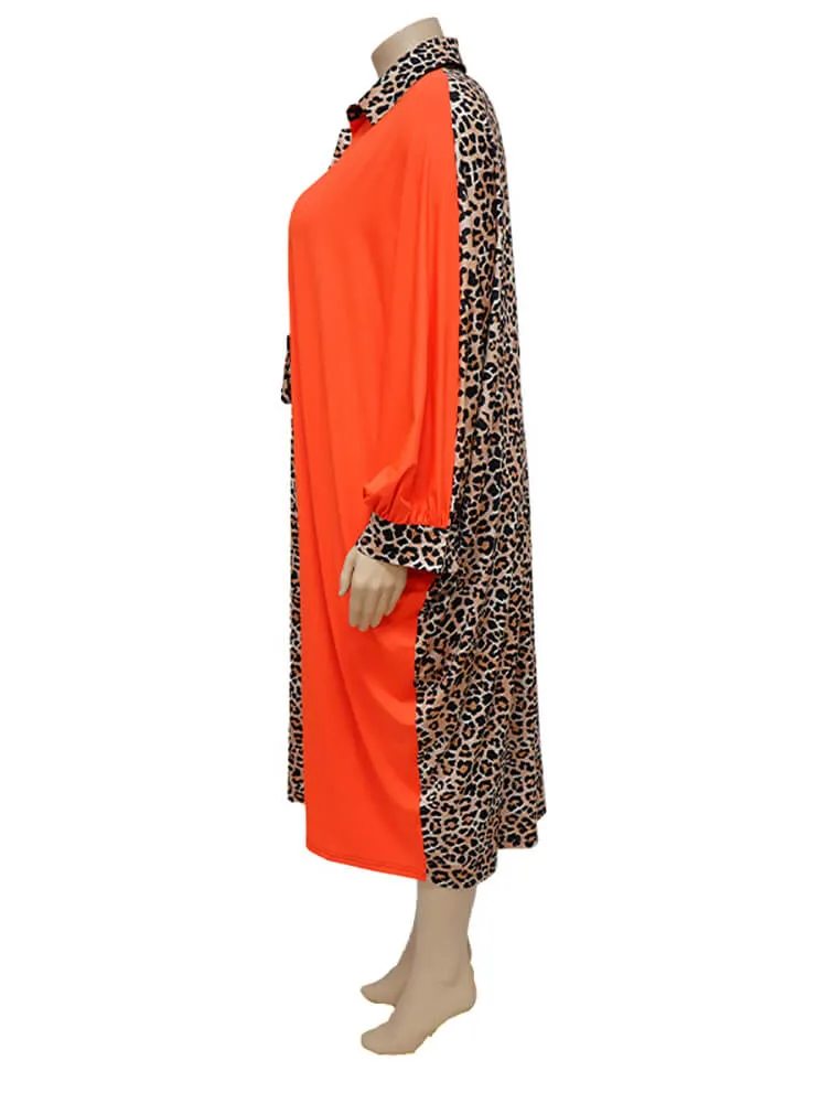 Long Sleeve Leopard Patchwork Midi Dresses