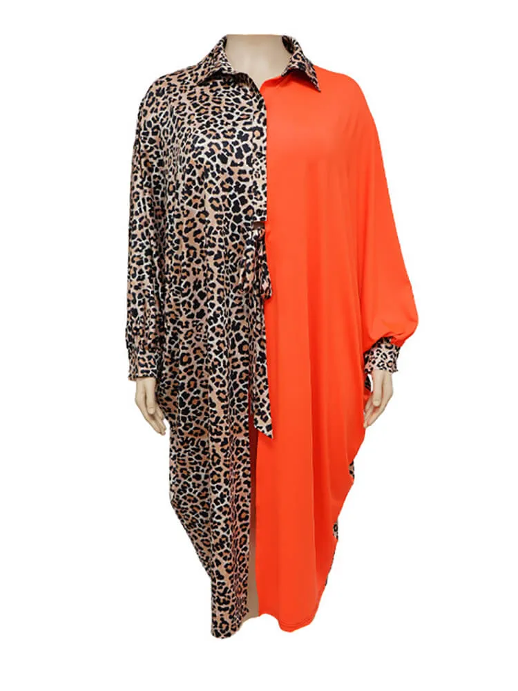 Long Sleeve Leopard Patchwork Midi Dresses