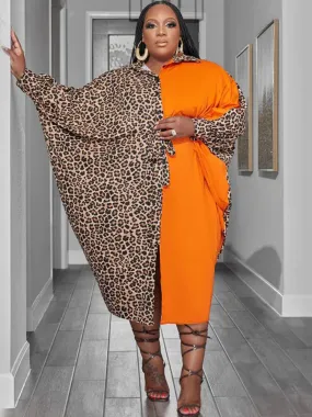 Long Sleeve Leopard Patchwork Midi Dresses
